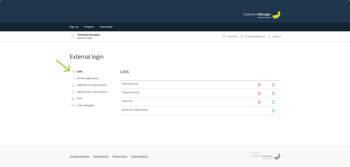 External login lists and download icons