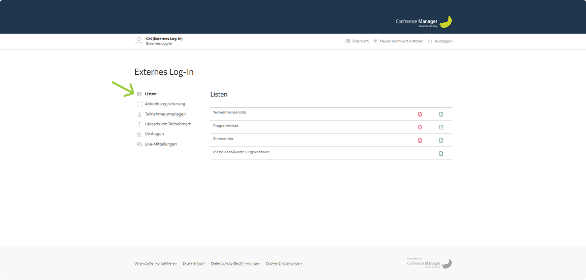 Listen und Download-Symbole im externen Login
