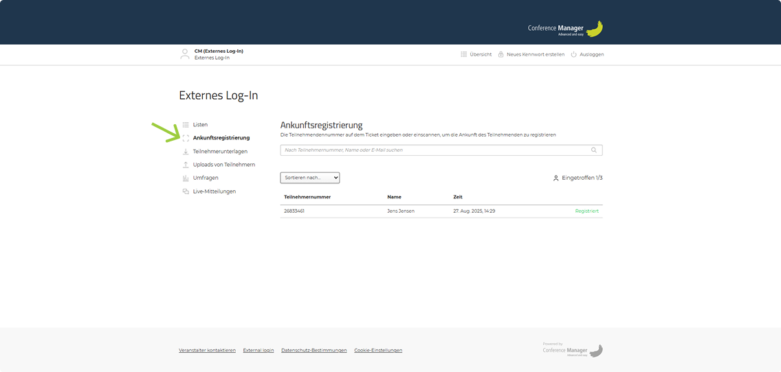 Ankunftsregistrierung im externen Login