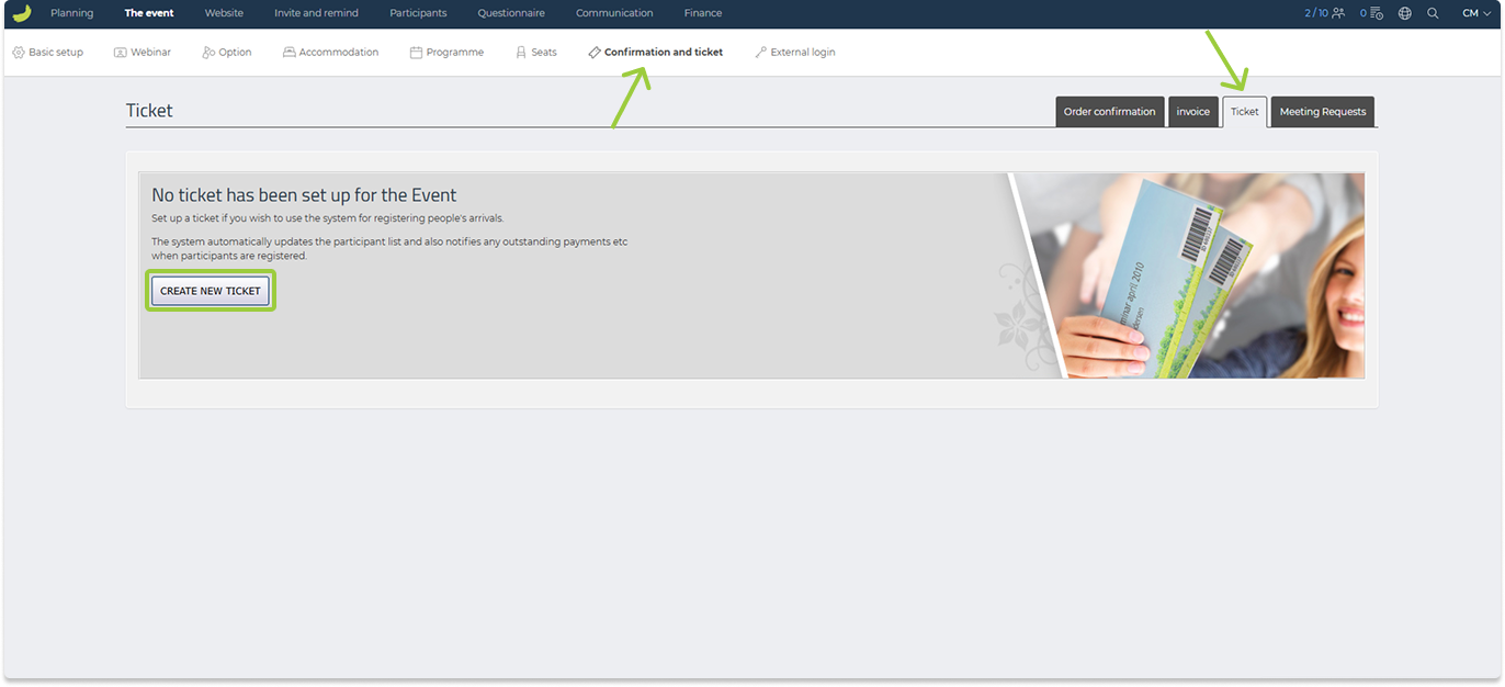Ticket overview in Conference Manager where a new ticket can be created