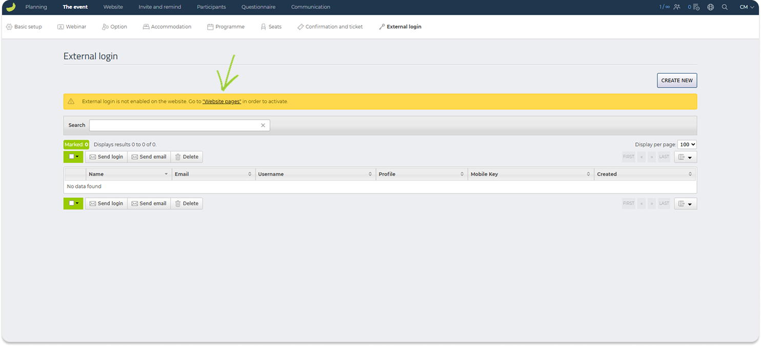 Message asking you to activate the External login page in the Website Designer