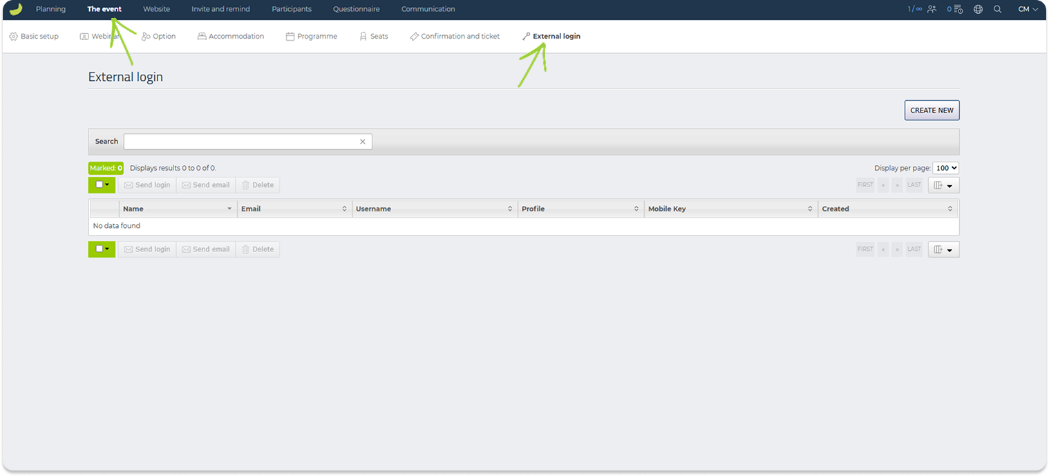 The External login page in Conference Manager