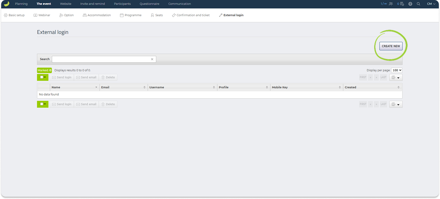 External login overview with the Create new button