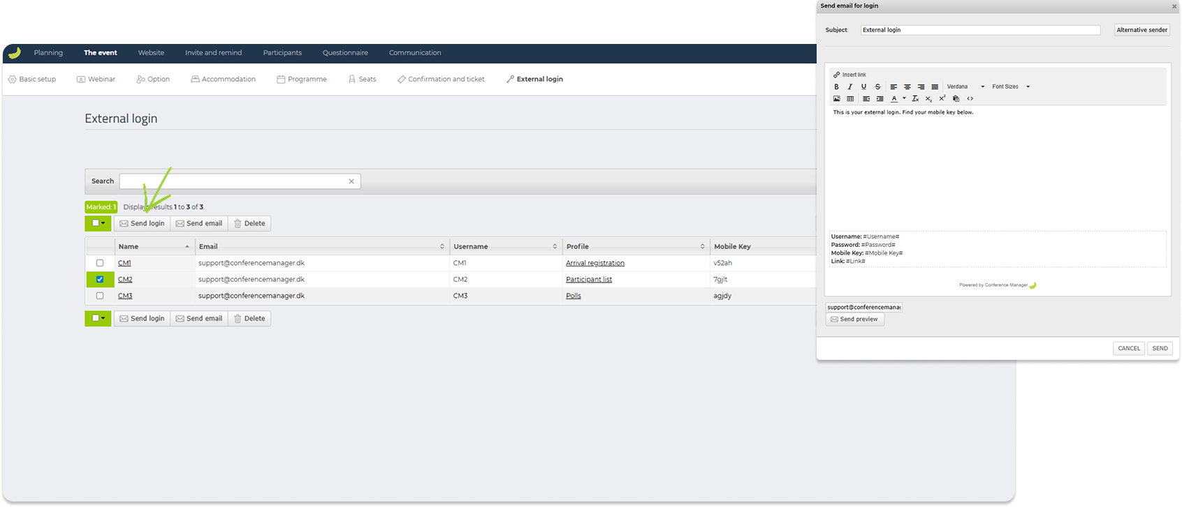 External login list with the Send login button