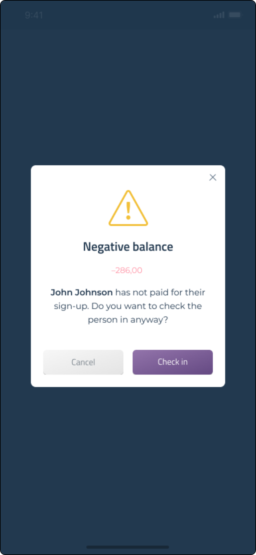 Negative balance warning with the Cancel and Check in buttons in the CM Exhibition app