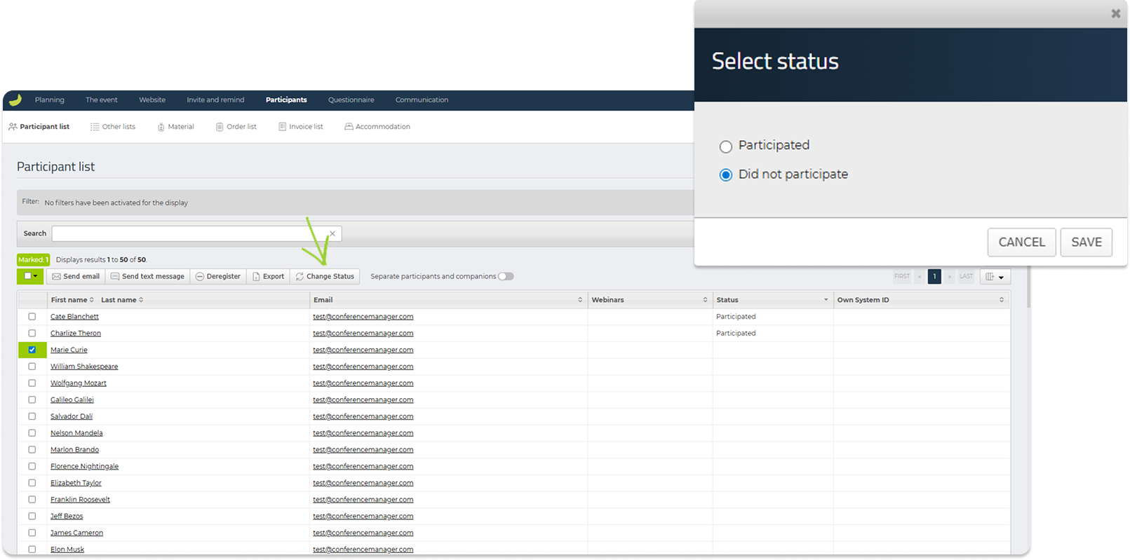 Participant list with the option to change status