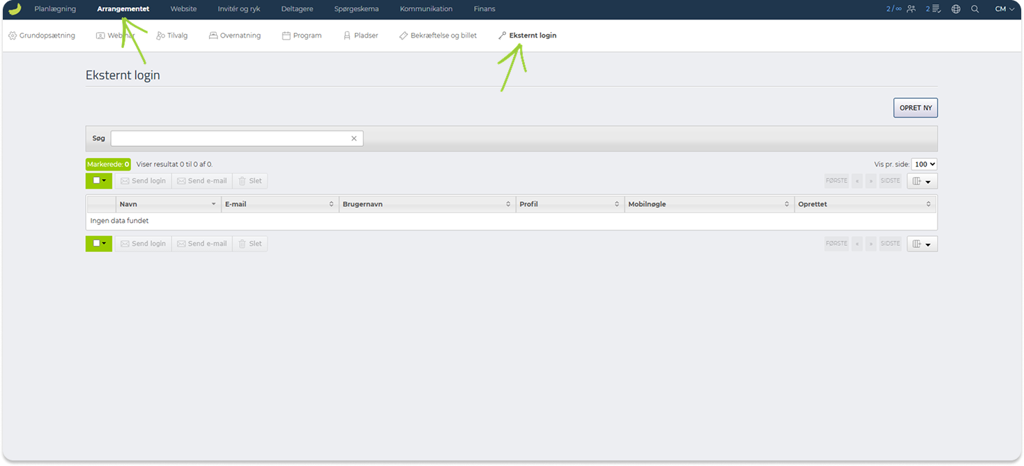 Siden Eksternt login i Conference Manager