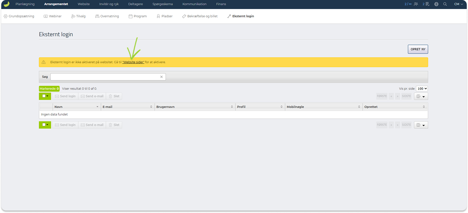 Besked om at aktivere siden Eksternt login i Website-Designeren