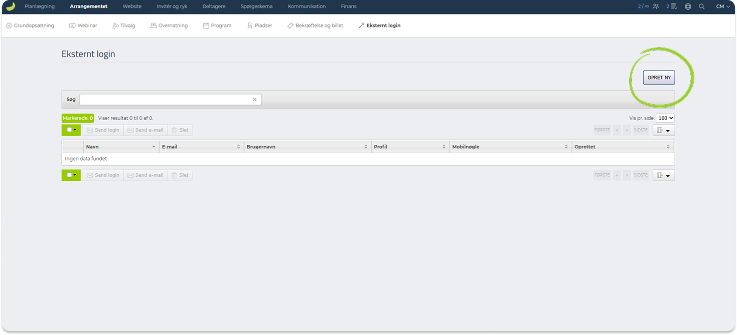 Oversigt over eksterne logins med knappen Opret ny
