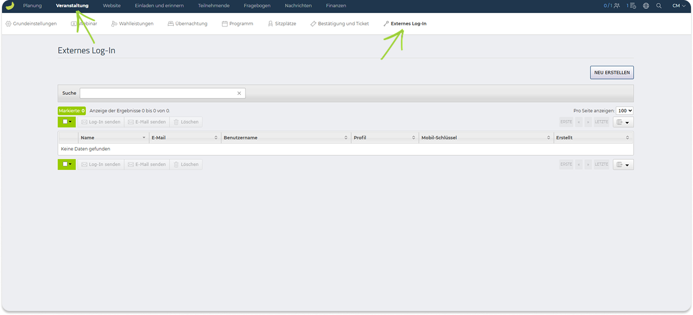 Die Seite Externes Login in Conference Manager