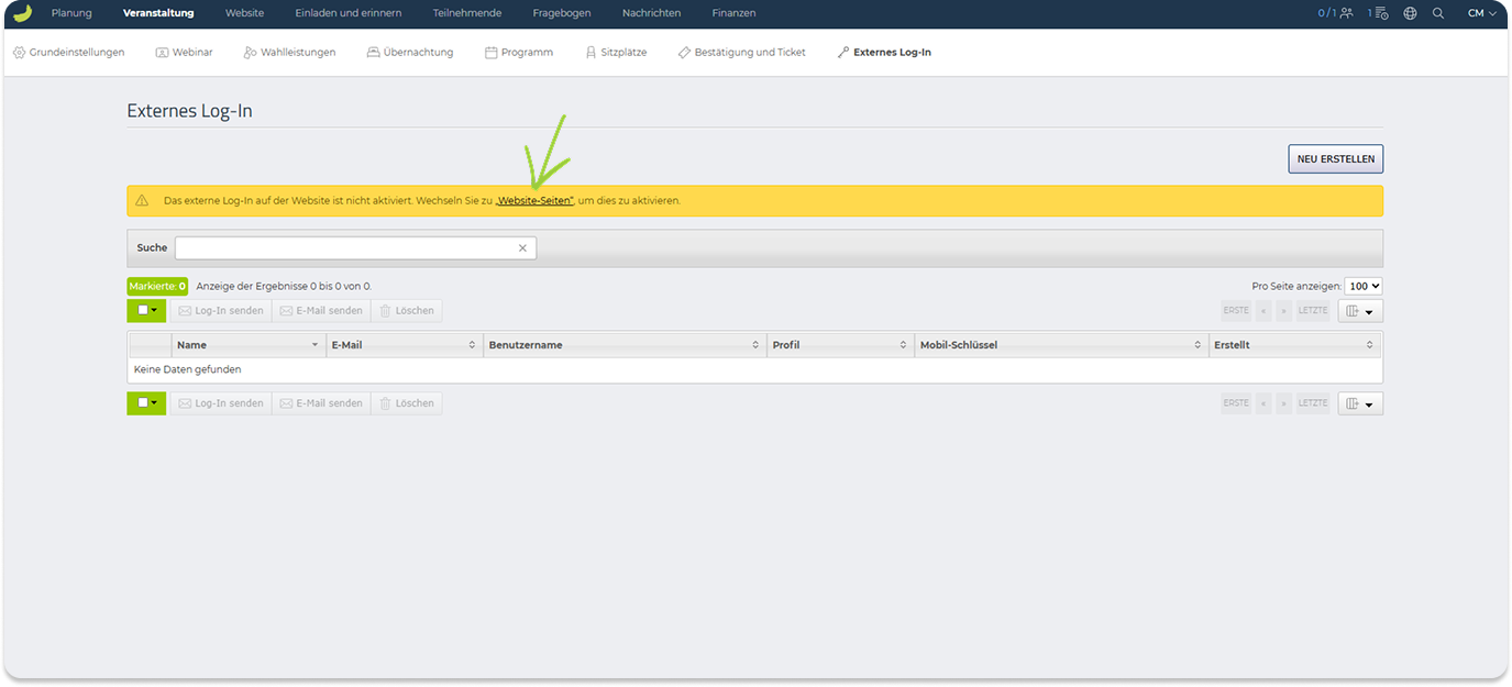 Meldung zur Aktivierung der Seite Externes Login
