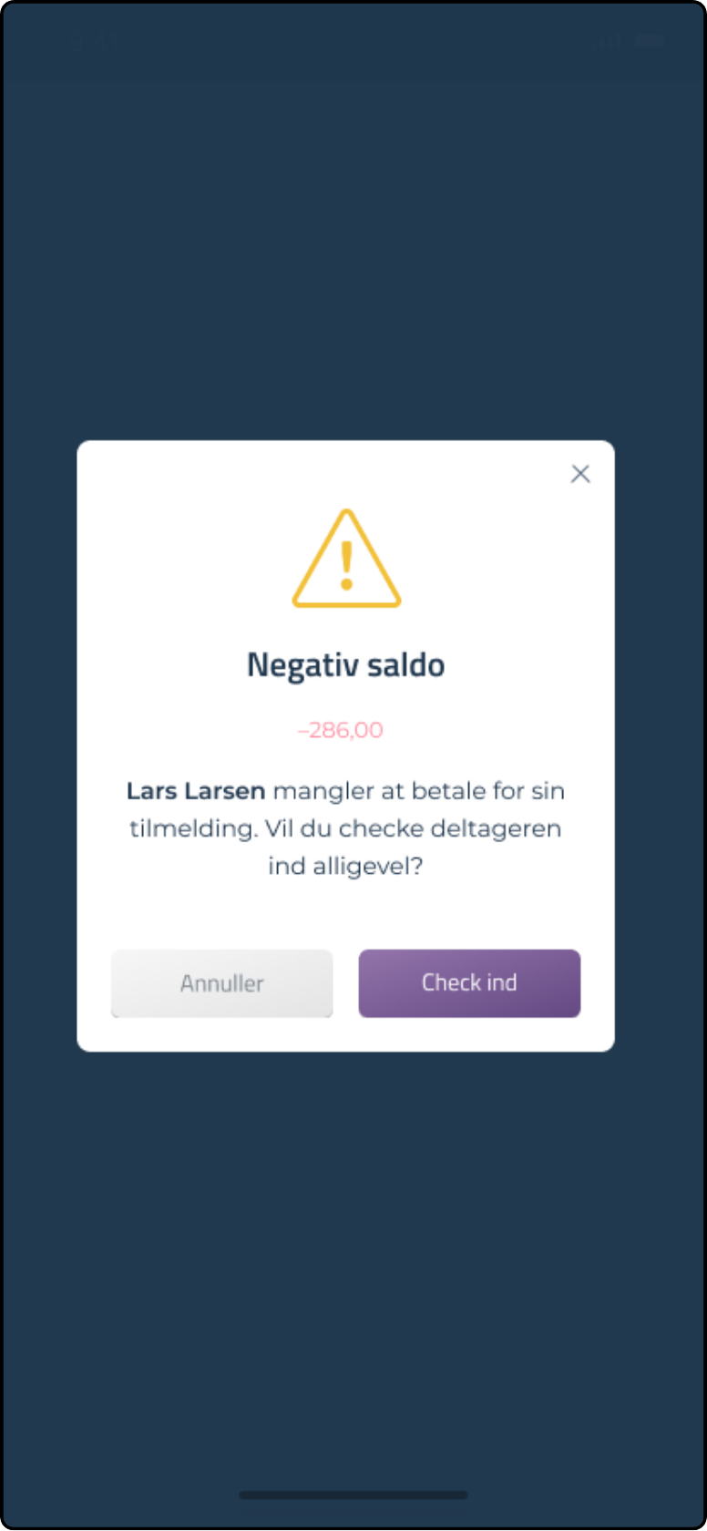 Advarsel om udestående betaling med knappen Check ind