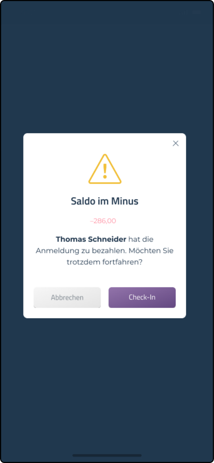 Hinweis auf ausstehende Zahlung mit der Schaltfläche Check-In
