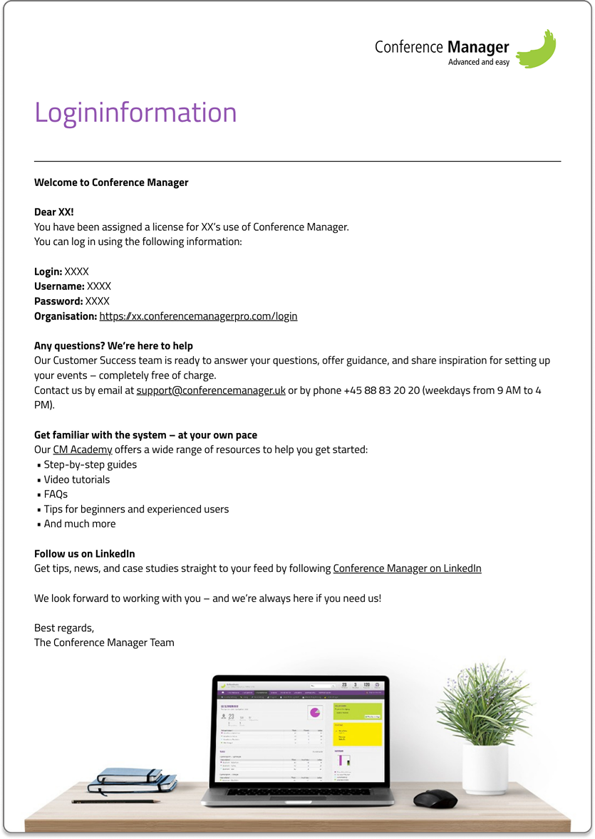 Example of a welcome email from Conference Manager