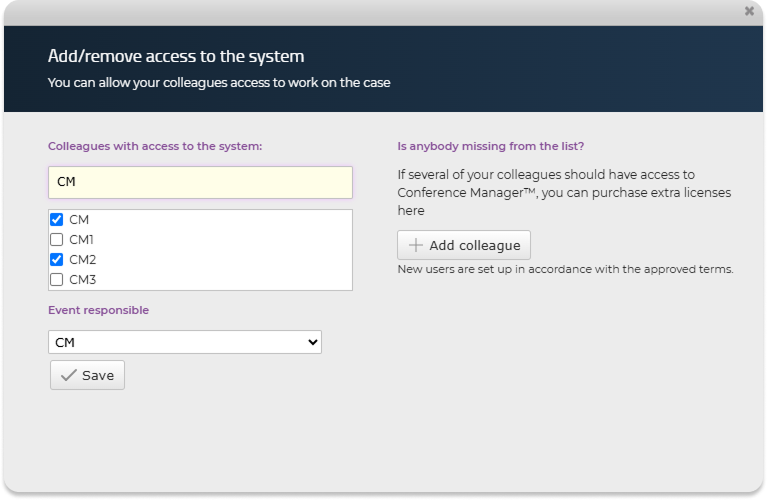Search field in the dialogue for adding or removing colleagues’ access
