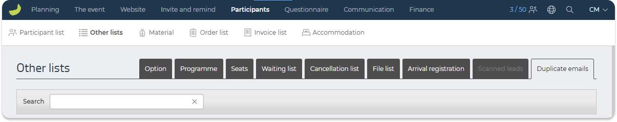 Overview of duplicate email addresses across participant lists