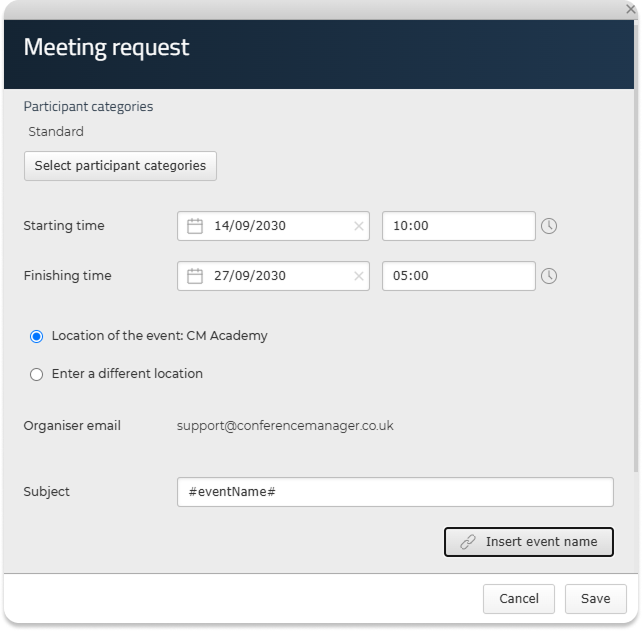 Insert event name button in a meeting request