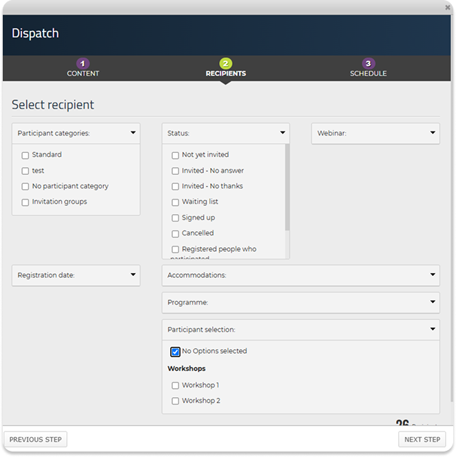 No options selected filter when sending emails