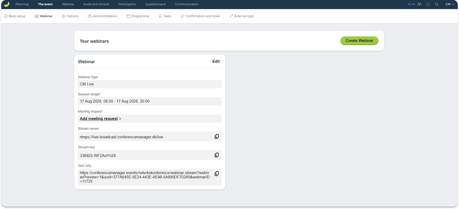 CM Live webinar settings showing the stream server, stream key and test URL