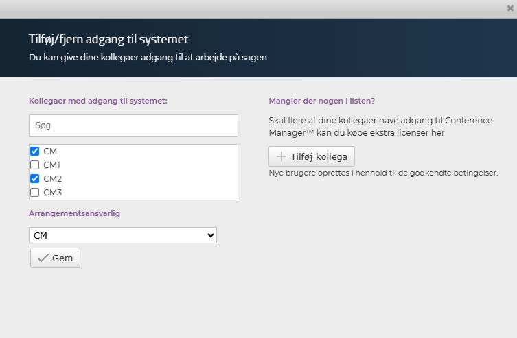 Søgefelt i vinduet til at tilføje eller fjerne kollegers adgang