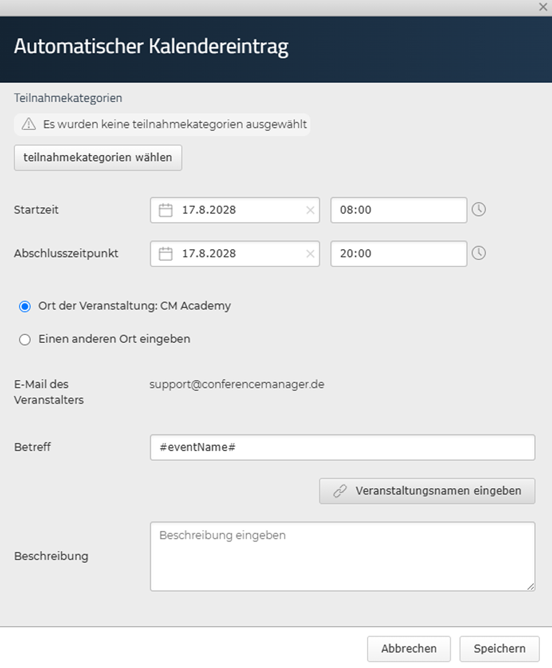 Schaltfläche Veranstaltungsnamen eingeben in einem Kalendereintrag