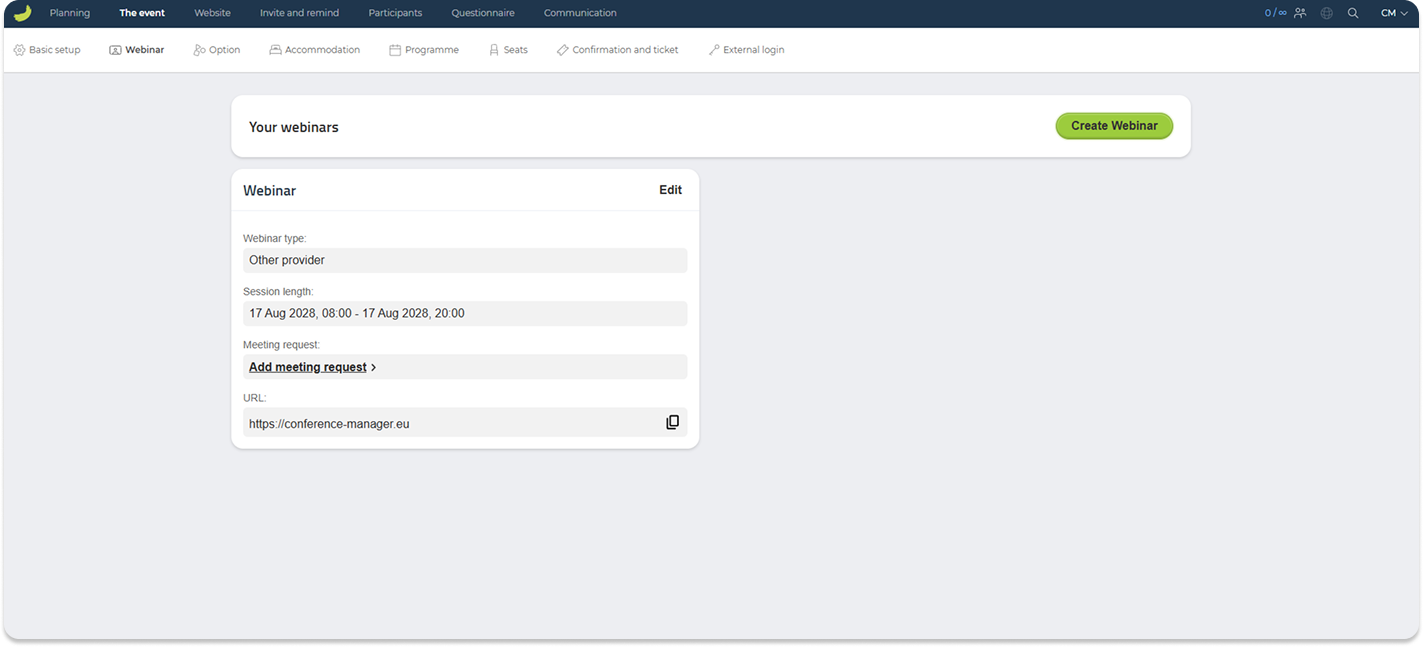 Conference Manager webinar settings for an external provider showing the webinar URL