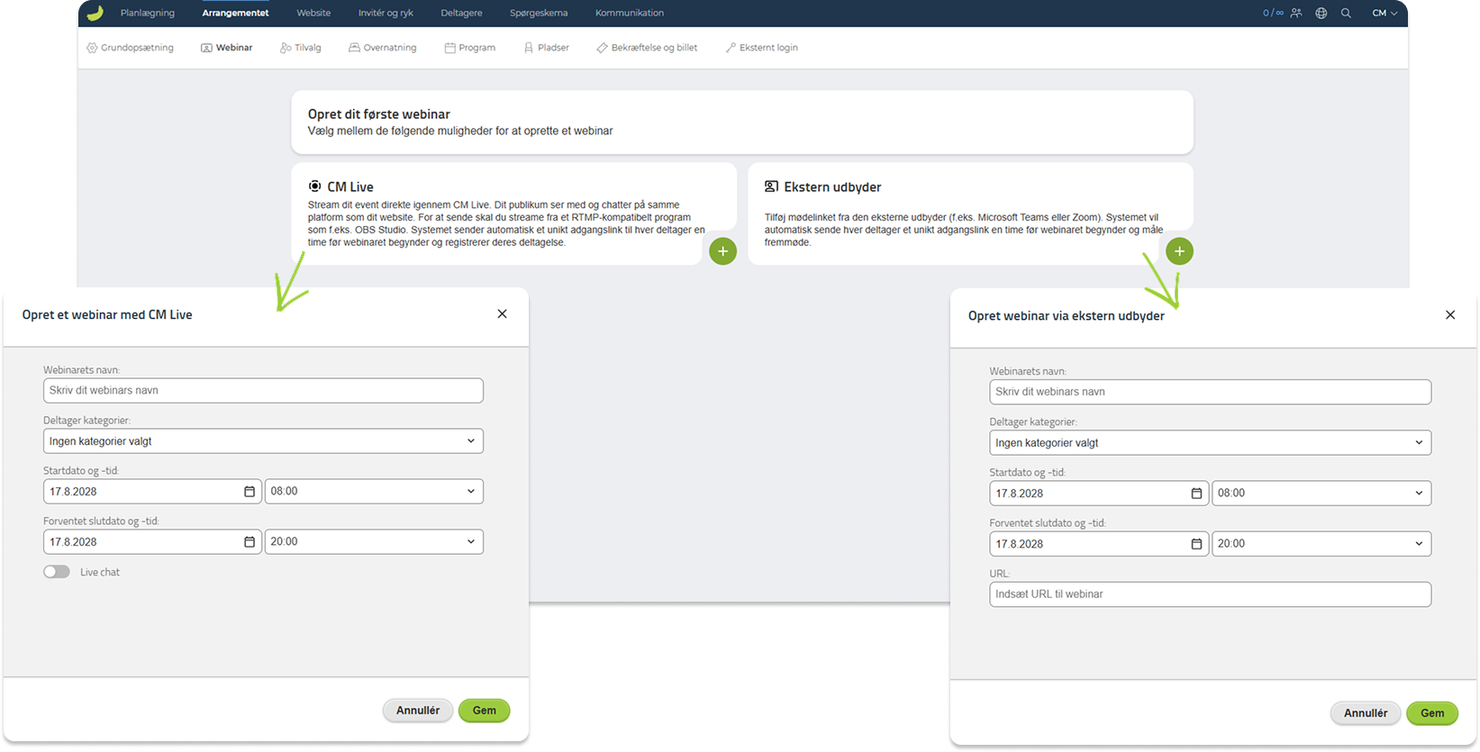 Webinaroversigten i Conference Manager med formularerne til CM Live og Ekstern udbyder