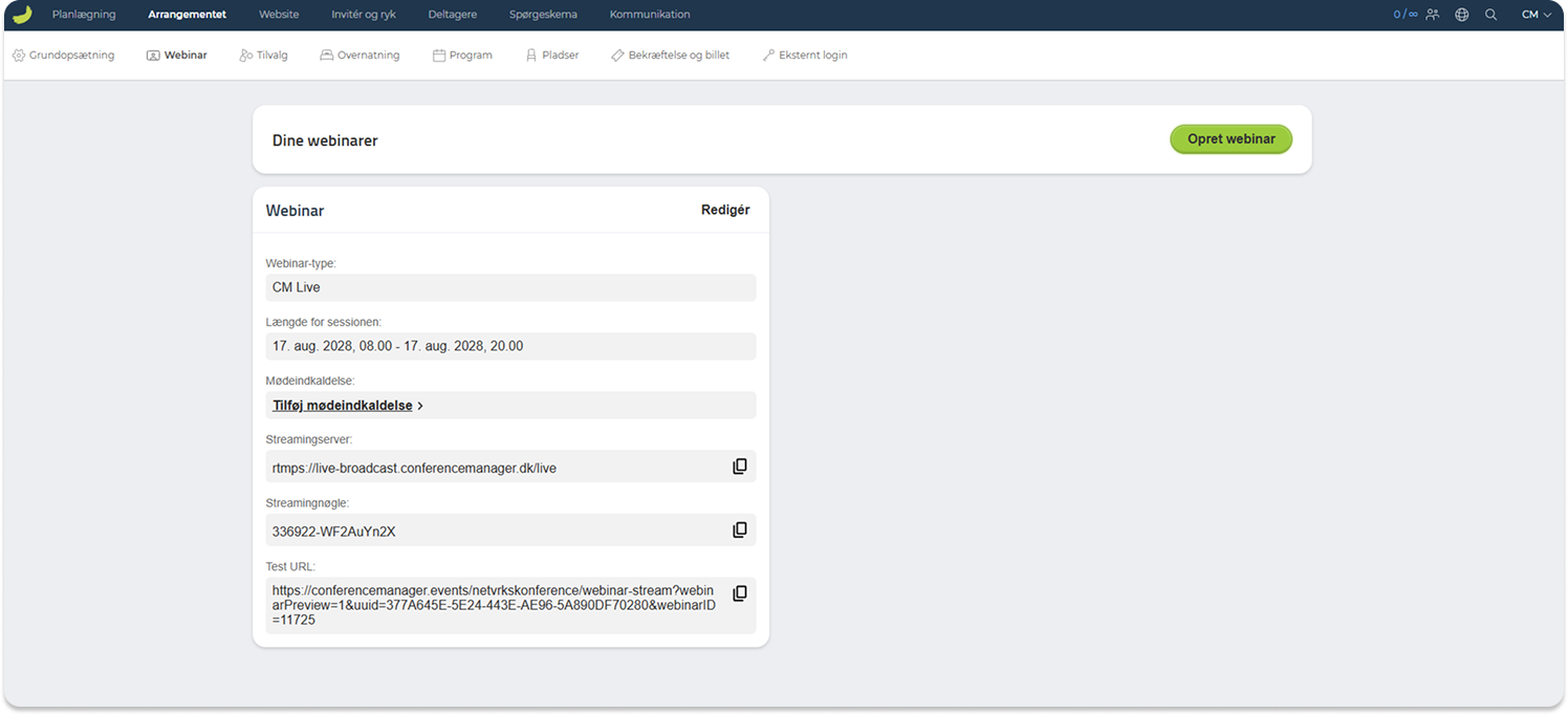 Indstillinger for CM Live med streamserver, streamnøgle og test-URL