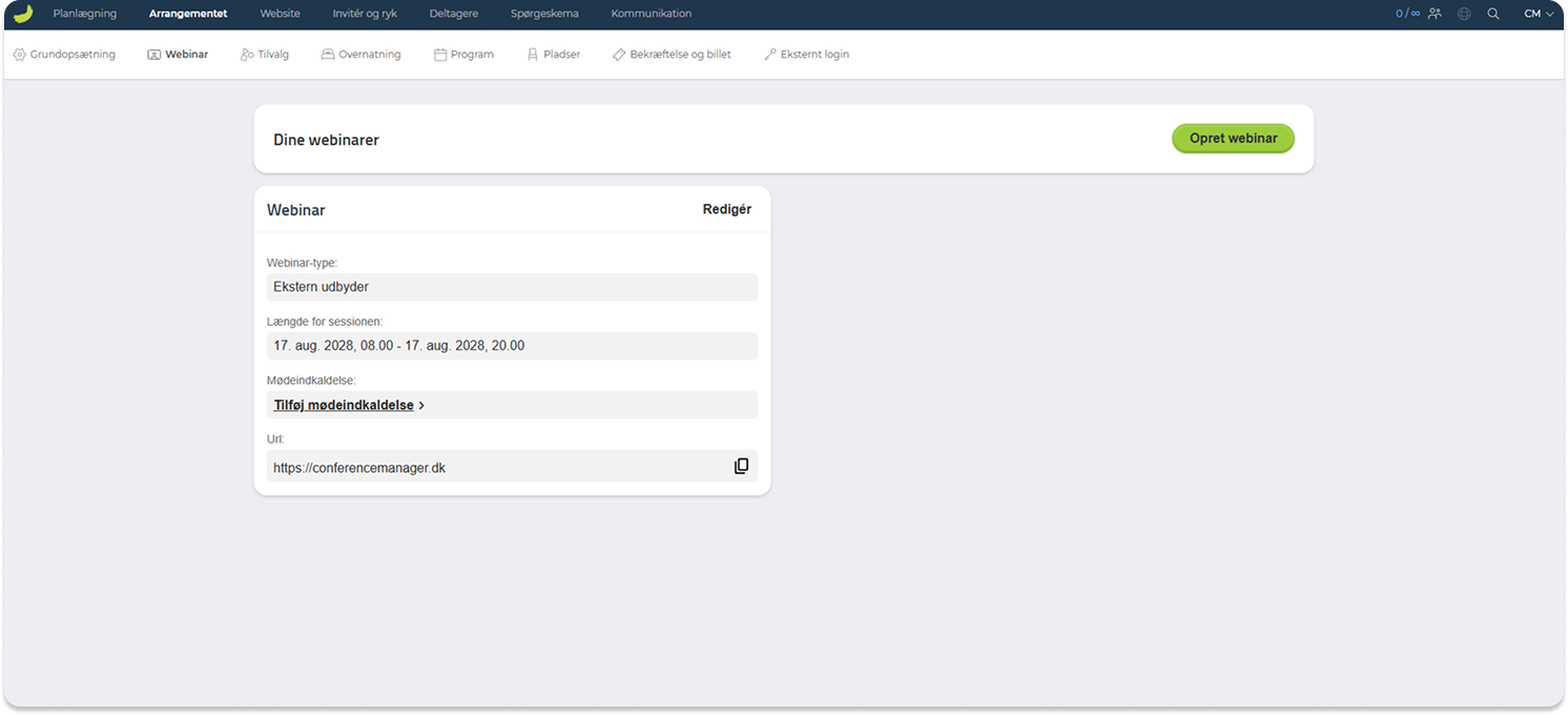 Webinarindstillinger for en ekstern udbyder med webinar-URL'en