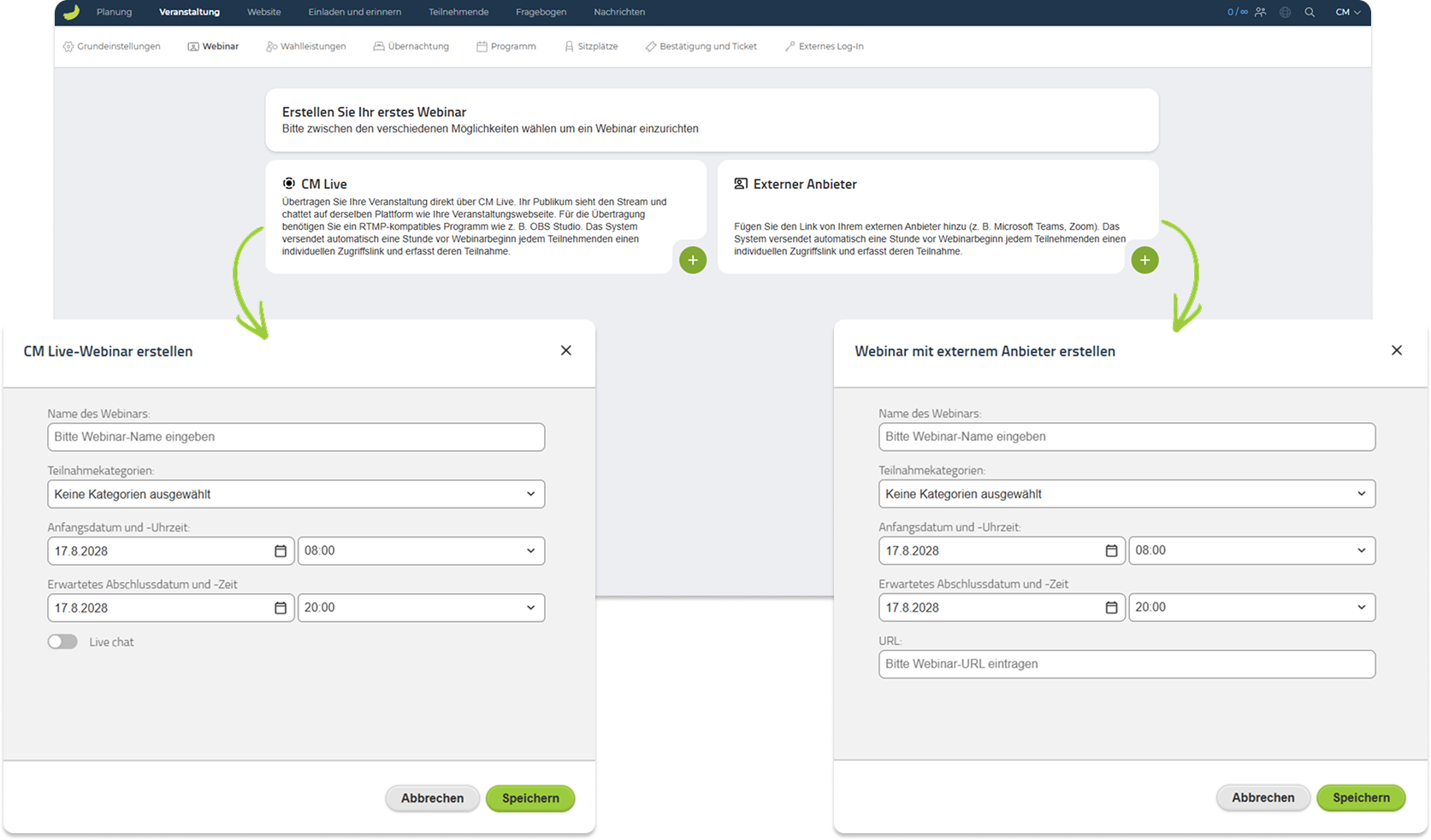 Webinarübersicht in Conference Manager mit den Formularen für CM Live und Externer Anbieter