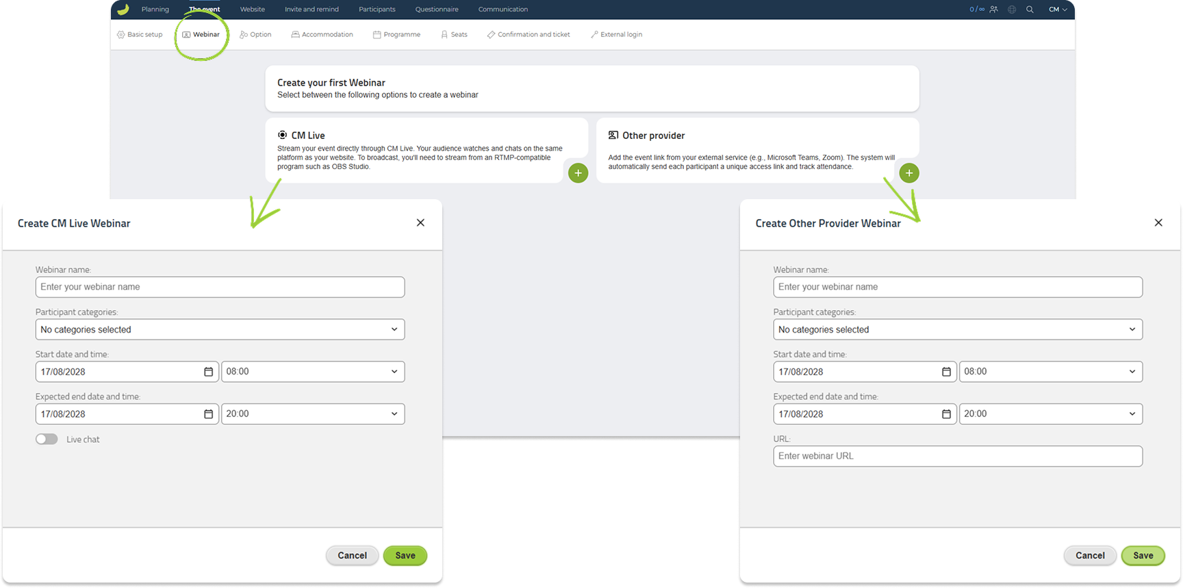 Conference Manager webinar overview and creation forms for CM Live and Other provider
