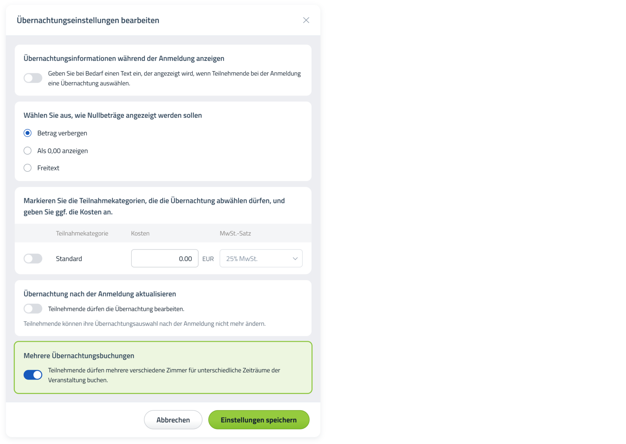 Aktivierte Option Mehrere Übernachtungsbuchungen in den Übernachtungseinstellungen von Conference Manager