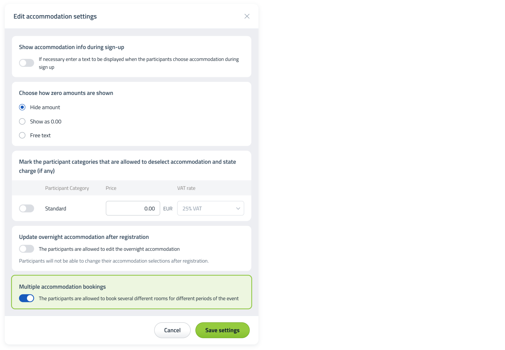 Multiple accommodation bookings enabled in the accommodation settings in Conference Manager