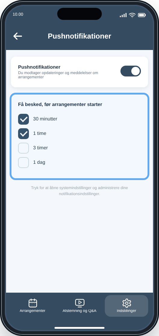 CM Events Pushnotifikationer-skærm