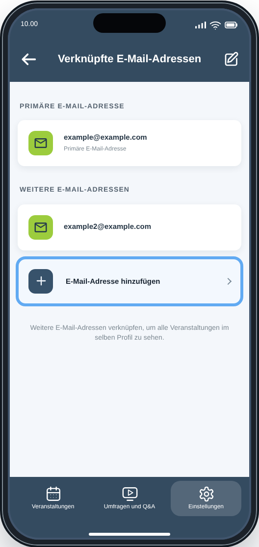 CM Events Verknüpfte E-Mail-Adressen