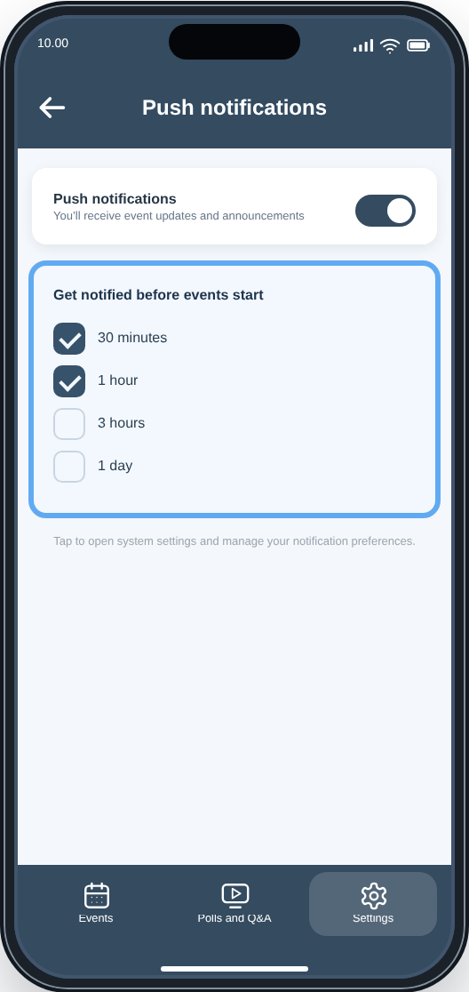 CM Events Push notifications screen