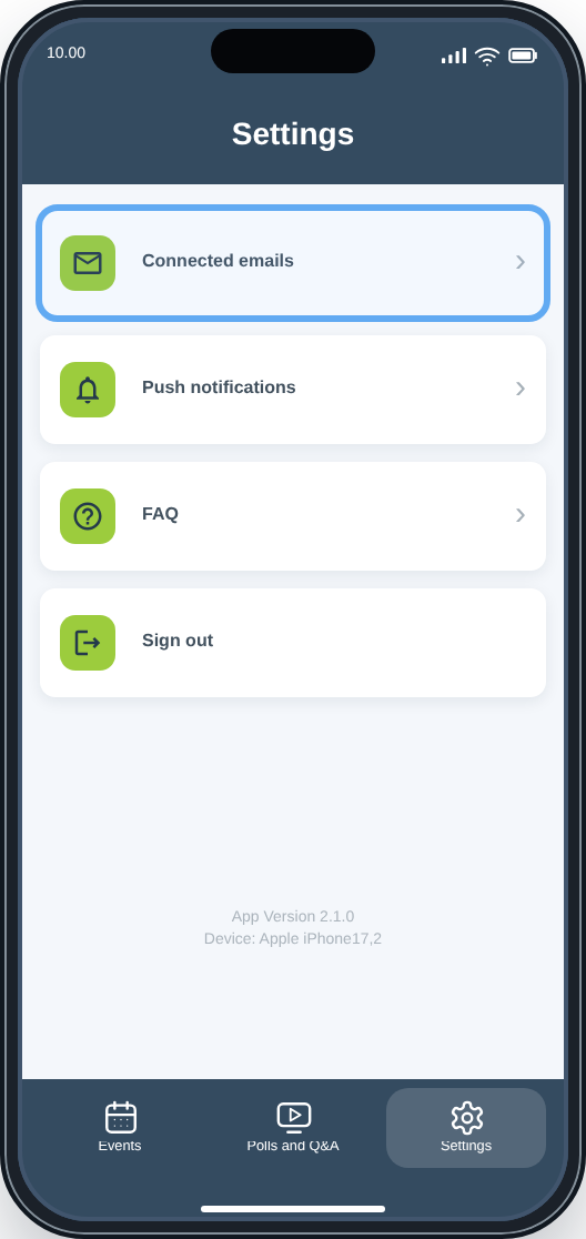 CM Events Settings screen