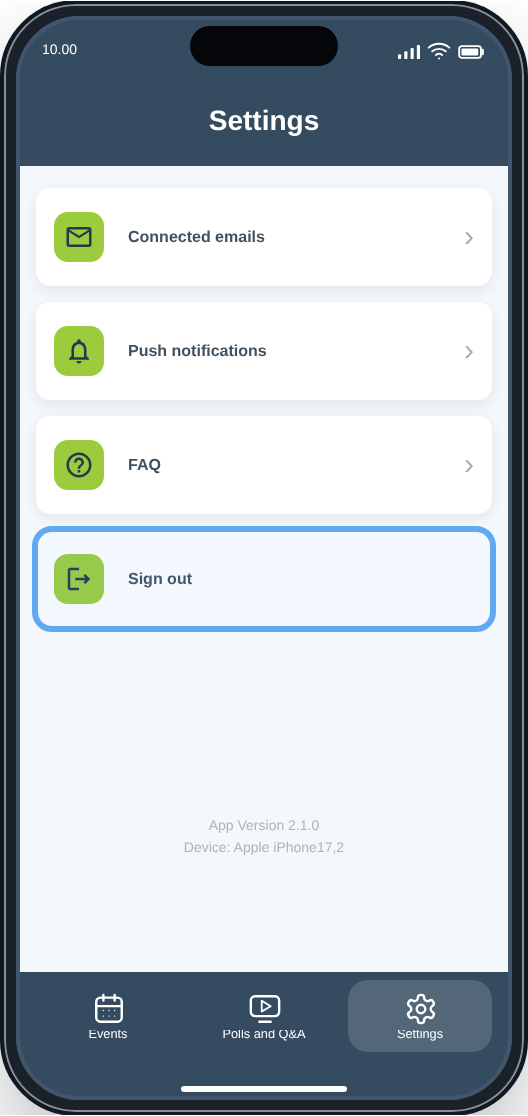 CM Events Settings screen