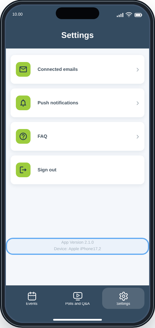 CM Events Settings screen
