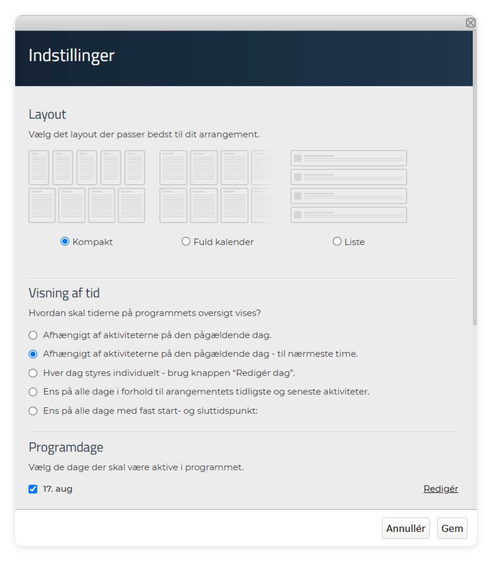 Indstillinger for programmet
