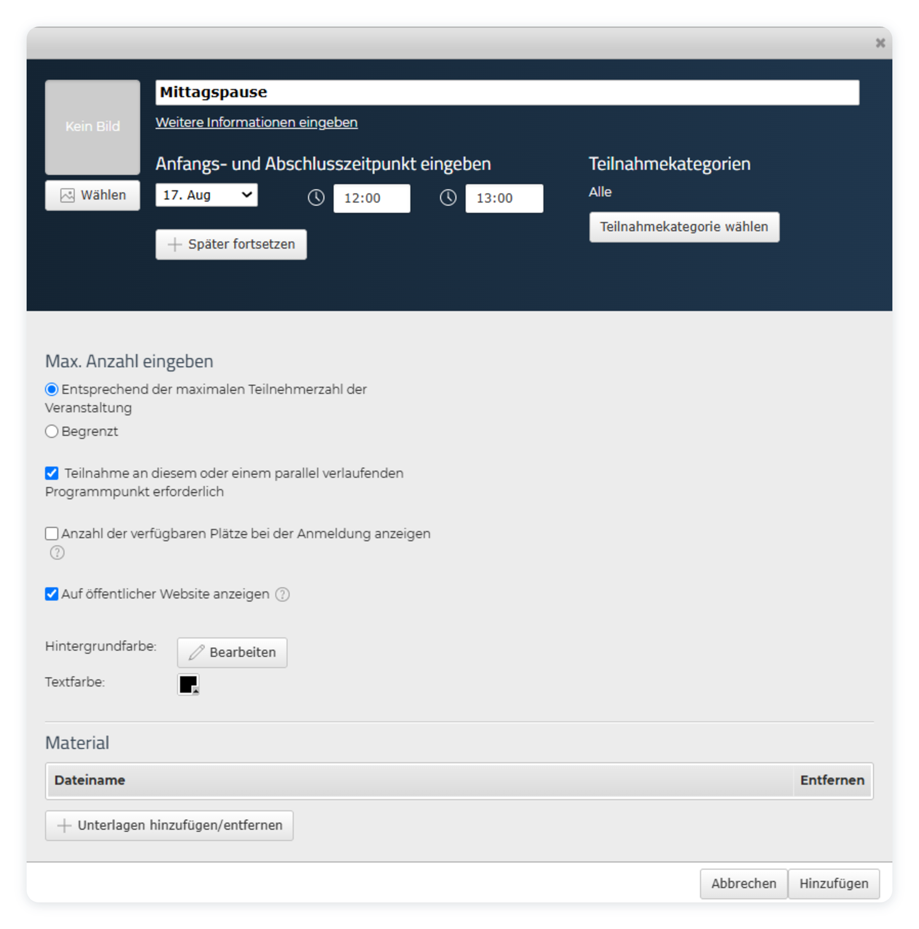 Einstellungen für einen Programmpunkt