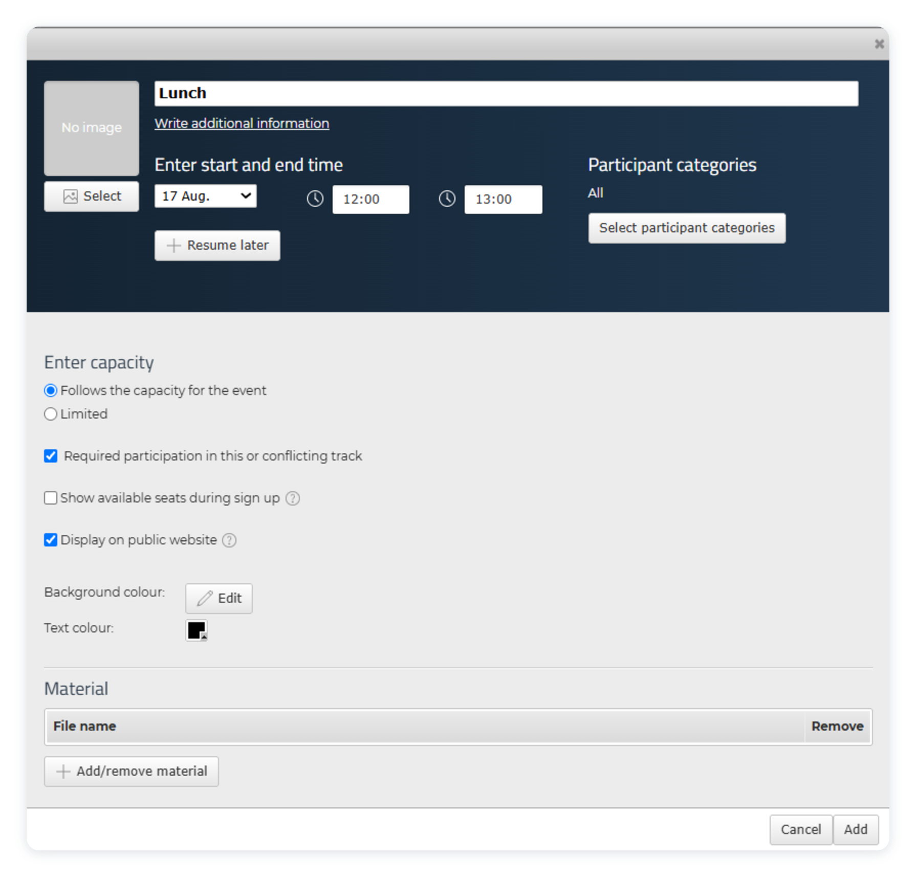 Settings for a programme track
