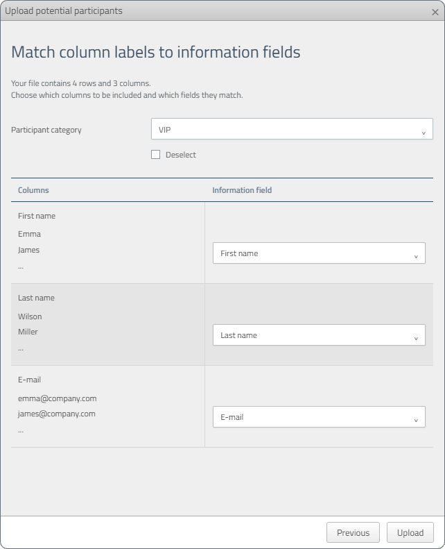 Matching the file columns to information fields