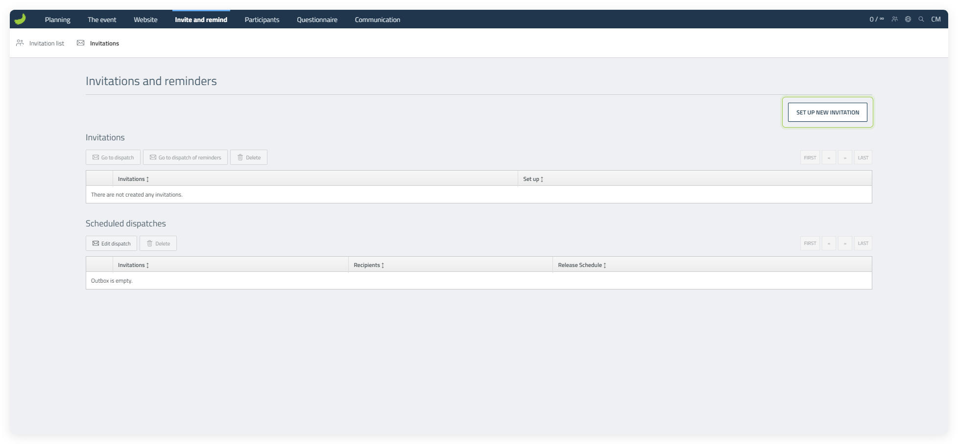 The Invitations tab with Set up new invitation