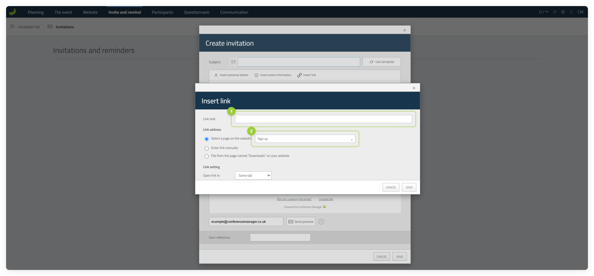 The Insert link dialog with Select a page on the website