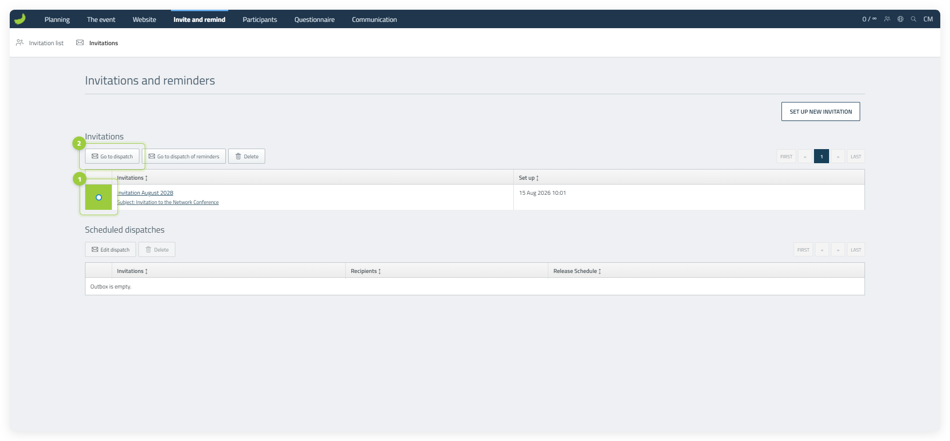The invitation template selected with Go to dispatch