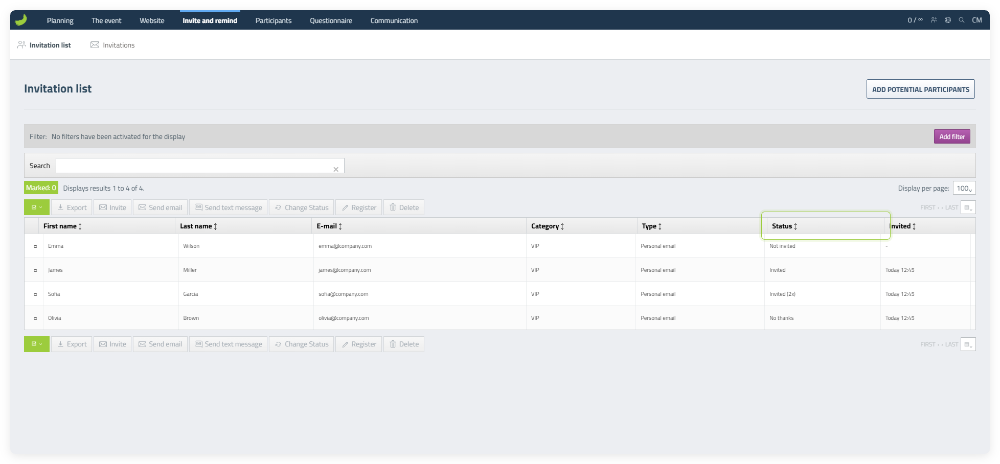 The Status column in the Invitation list