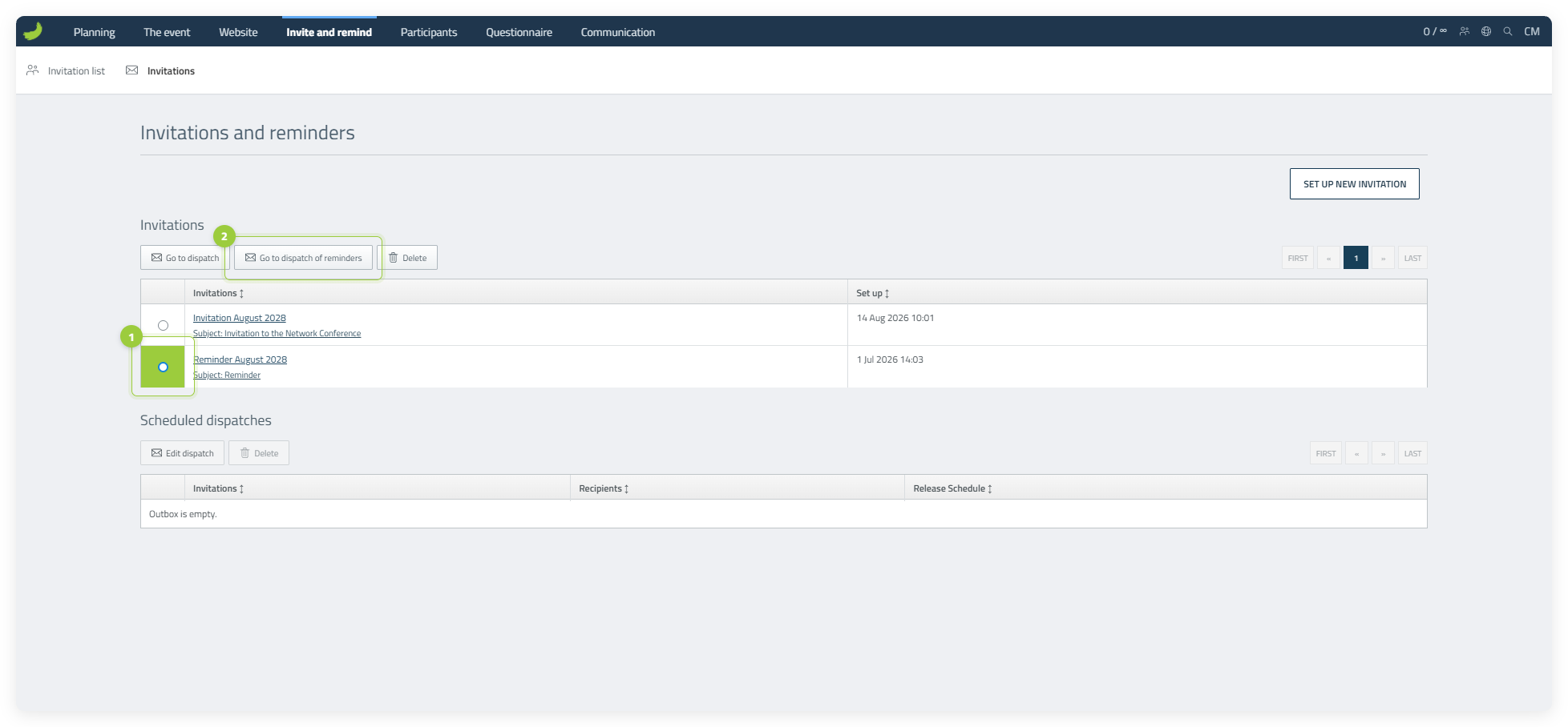 Reminder templates with Go to dispatch of reminders