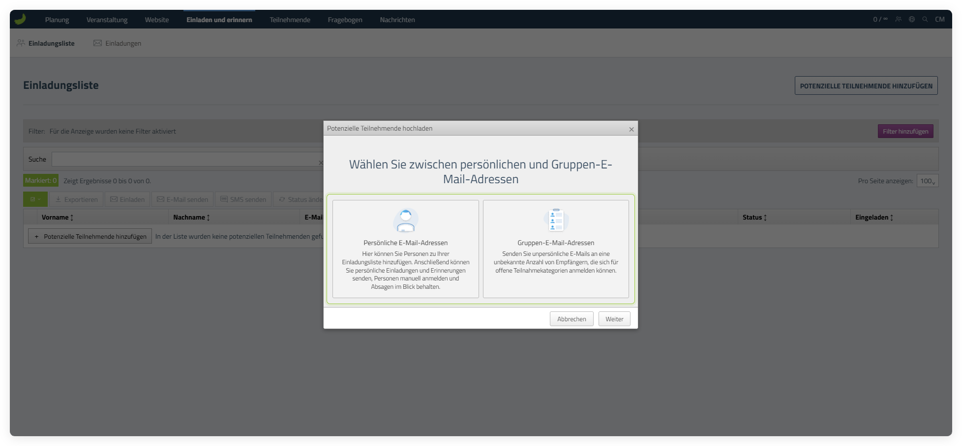 Dialog mit der Wahl zwischen Persönliche E-Mail-Adressen und Gruppen-E-Mail-Adressen