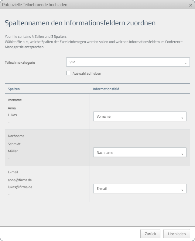 Die Spalten der Datei den Informationsfeldern zuordnen